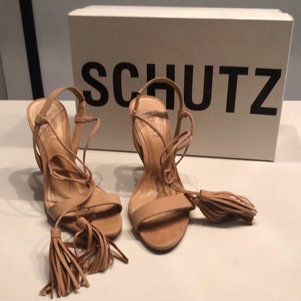SCHUTZ Tan Strappy Tassel High Heel Sandals